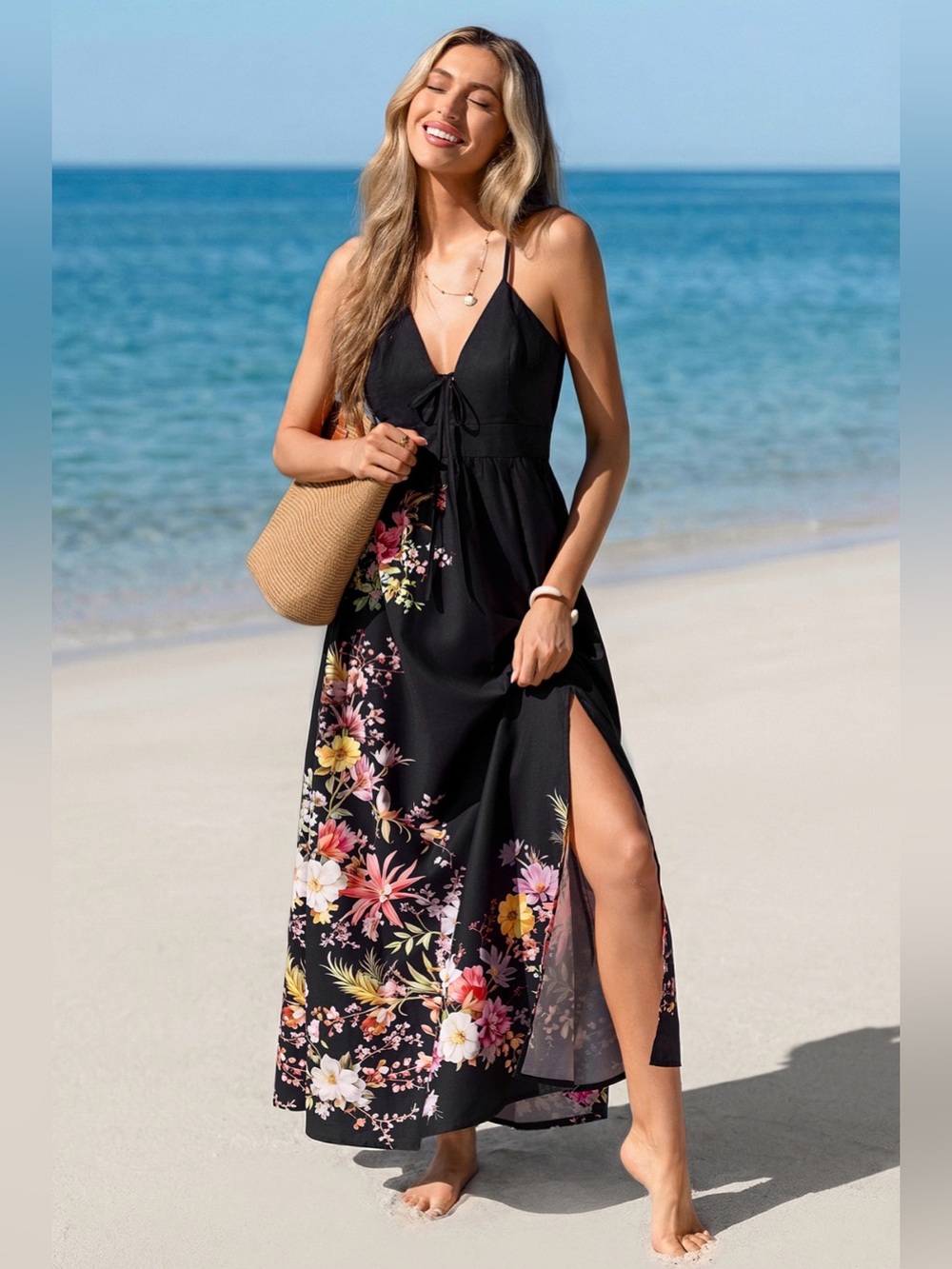 Black Plunging Cross Back Floral Slit Thigh Maxi Dress